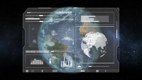 animation of data processing and statistics on screen over globe