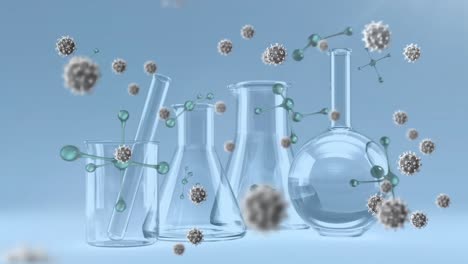 animation of covid 19 cells over molecules, flasks and test tubes