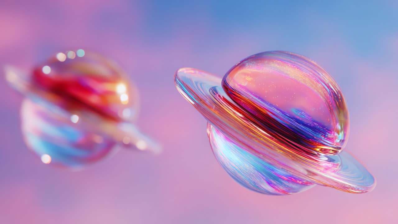 Ethereal Cosmic Orbs: A Stunning Display of Colorful Saturn-Like Planets Floating Against a Dreamy Pastel Sky, Previewing an Enchanting Universe of Imagination and Beauty Filled with Celestial Wonders