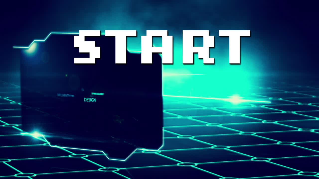 Animation of start text over data processing on blue background