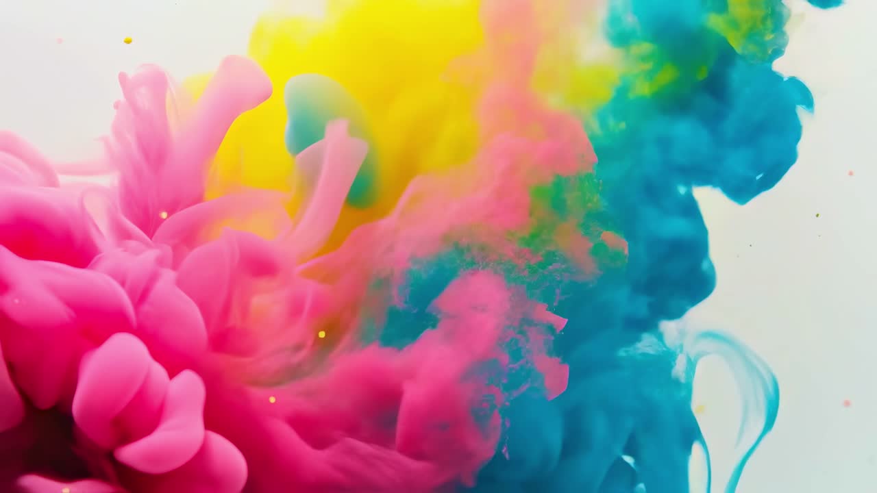 Colorful cloud of pink, yellow, and blue powder in artistic display during creative shoot in a studio setting