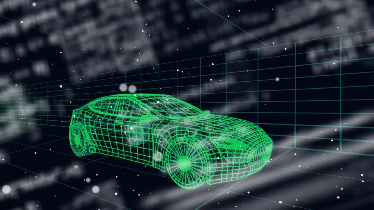 자동차와 그리드의 3d 드로잉 모델에 대한 데이터 처리 애니메이션