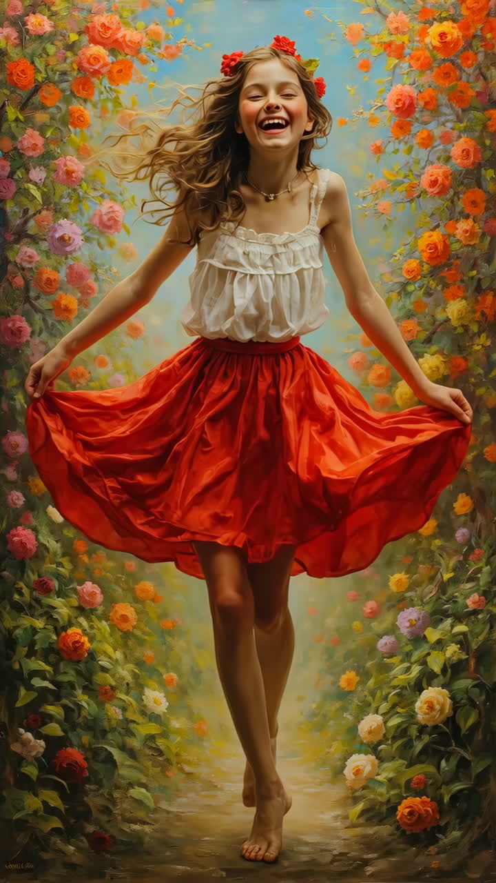 Joyful Girl Dancing in a Vibrant Rose Garden