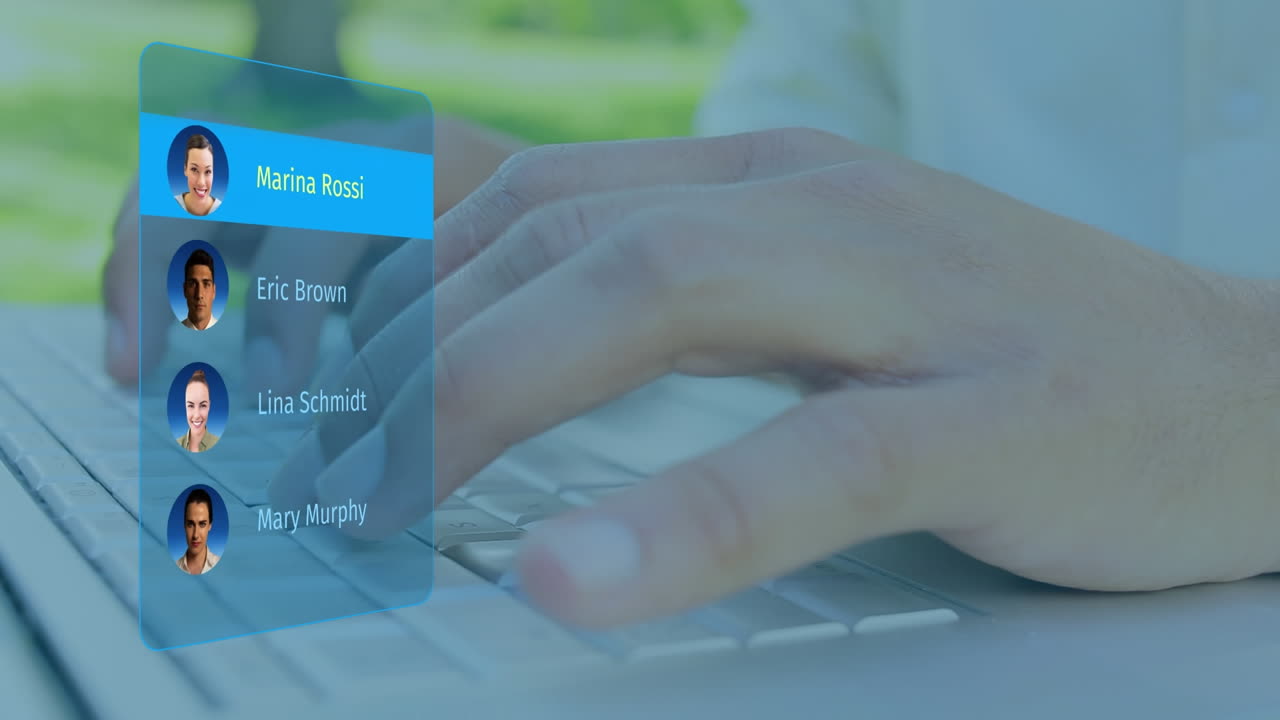 소셜 미디어 사람들의 프로필을 손으로 키워드를 입력하는 애니메이션