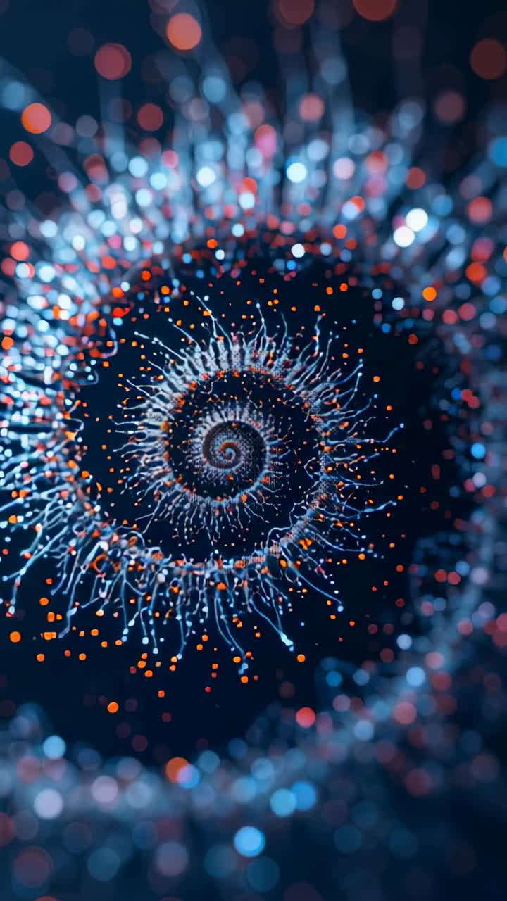 Video verticale: spirale frattale con zoom che avanza nello spazio blu scuro, emissione di particelle, effetto bokeh in crescita