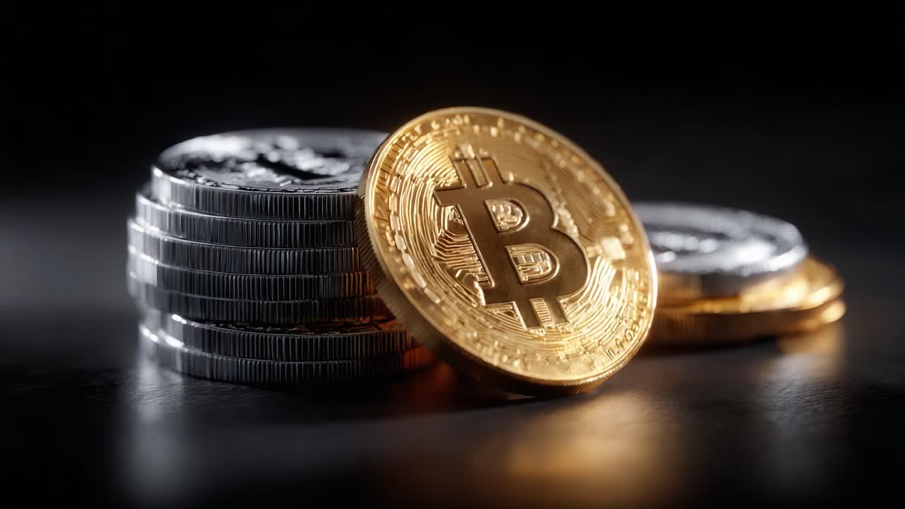 A Close-Up Perspective on Cryptocurrency: A Stunning Display of Bitcoin and Silver Coins, Highlighting the Intricacies of Digital and Physical Currency Value