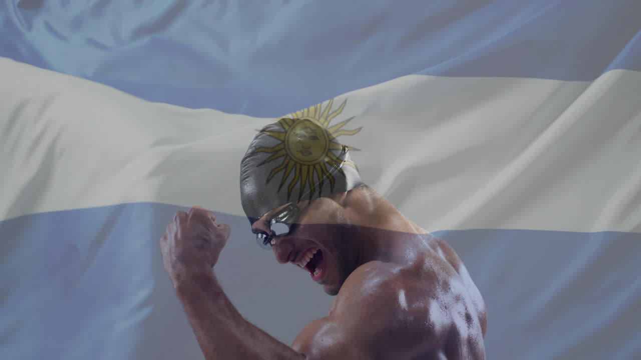 아르헨티나의 발이 카우카스 남성 수영 선수 위에 있는 애니메이션
