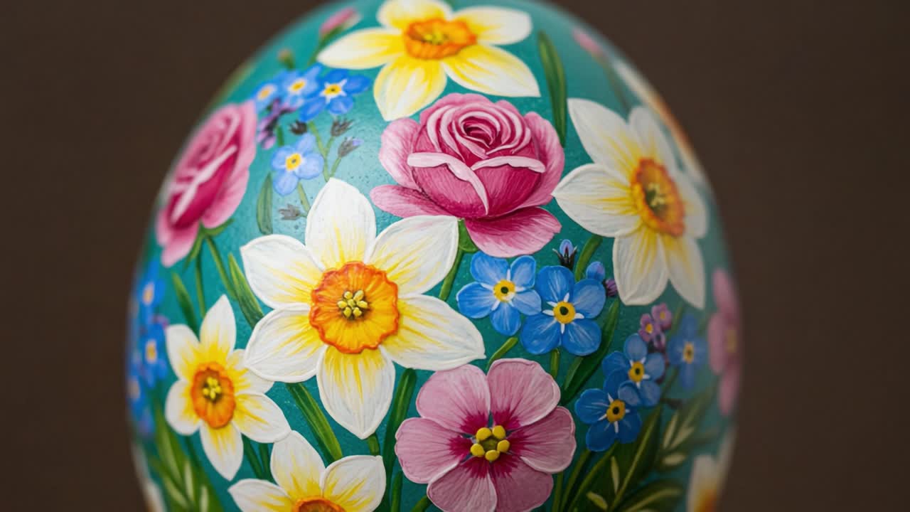 Uovo decorato con vivaci motivi floreali caratterizzato da una lussureggiante varietà di fiori colorati, che mette in mostra dettagli squisiti e cattura perfettamente l'essenza della bellezza primaverile
