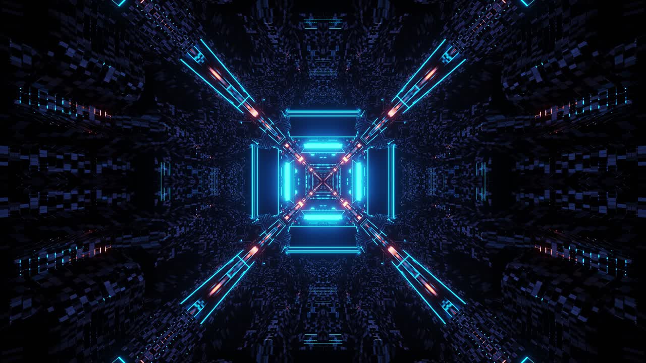 Immersing through space tunnel illuminated with bright cyan and blue glowing colors