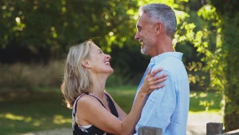 retrato de una pareja madura amorosa que se reúne junto a la valla en un paseo por el campo juntos