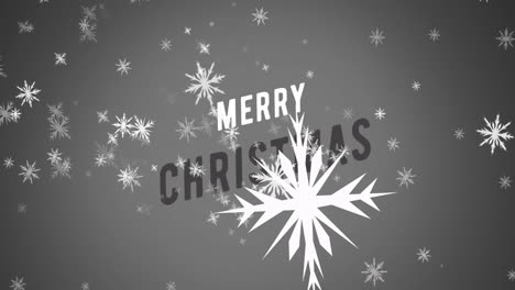 Animation of merry christmas text and snow flakes falling over grey background