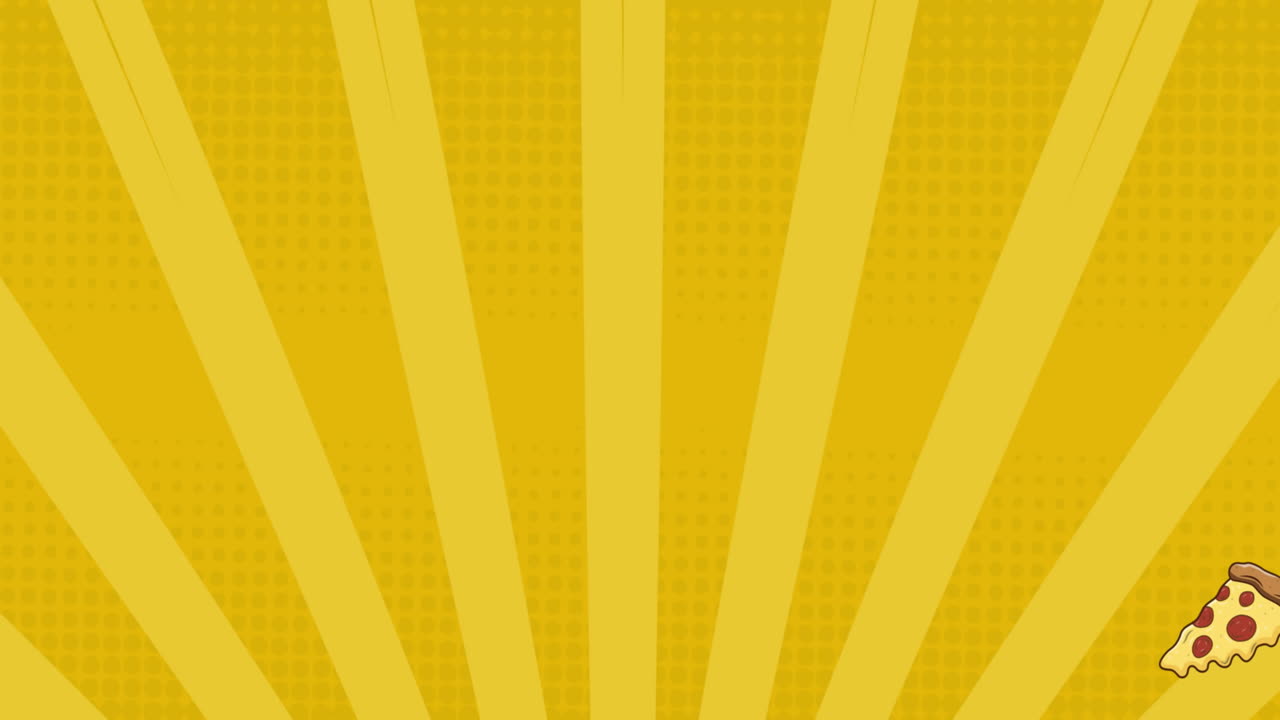 animación de iconos de pizza sobre rayas sobre fondo amarillo