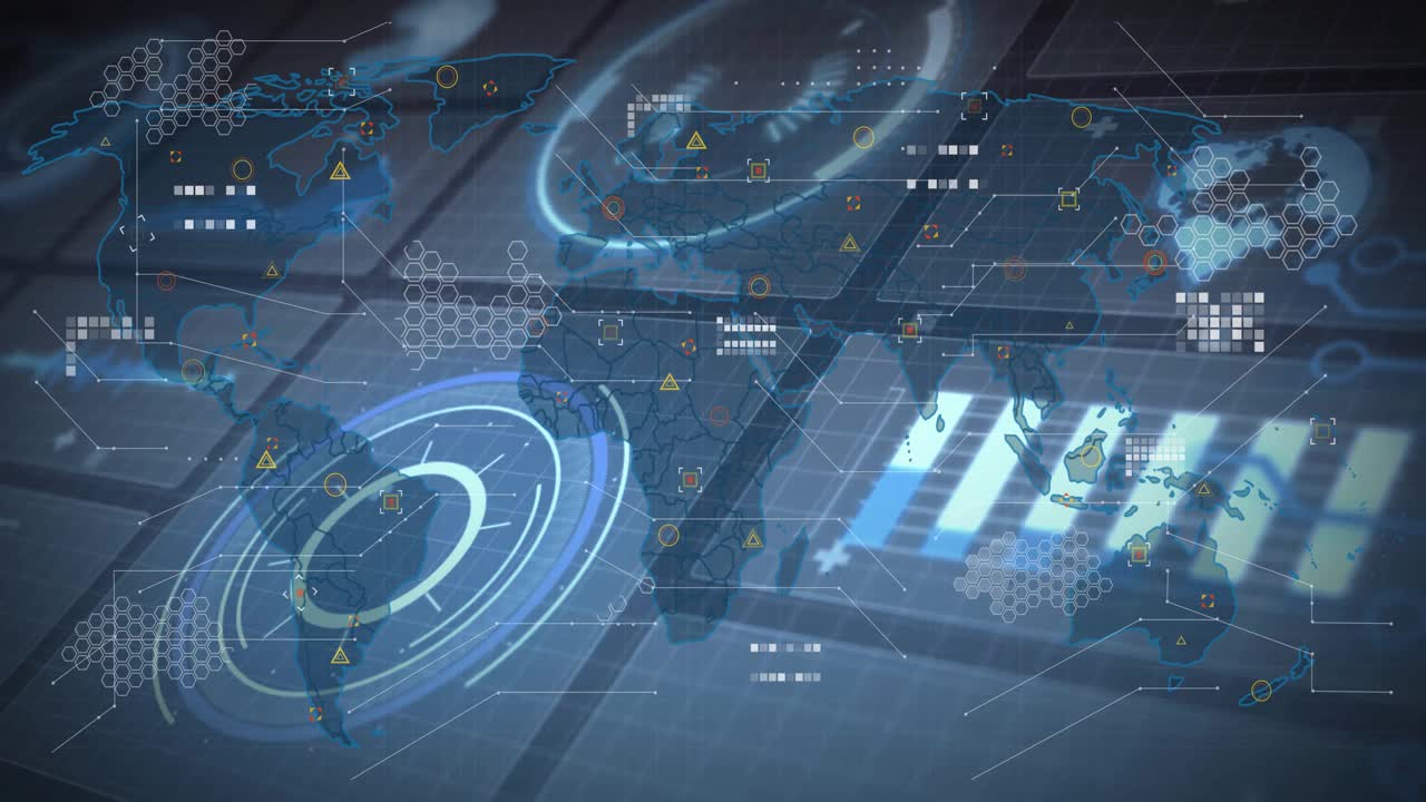 Grid initiating data visualization map emerging markers populating, lines connecting charts syncing