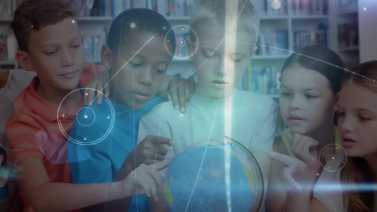 animación de redes de conexiones a través de diversos escolares que leen el mundo