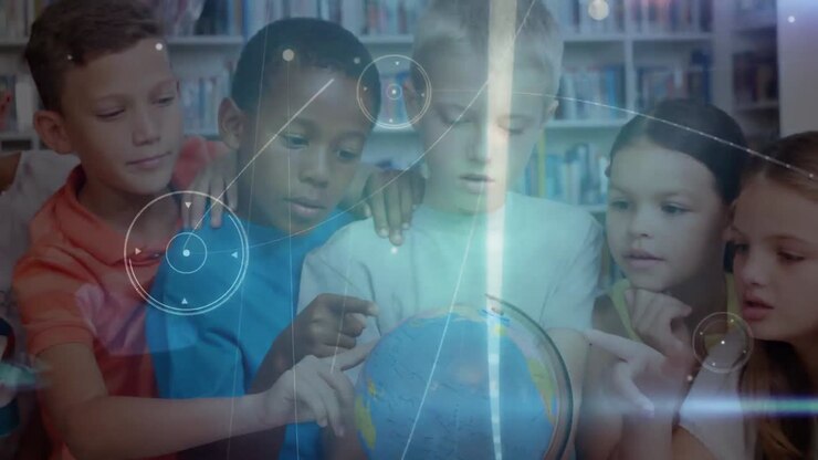 Animation of networks of connections over diverse schoolchildren reading globe
