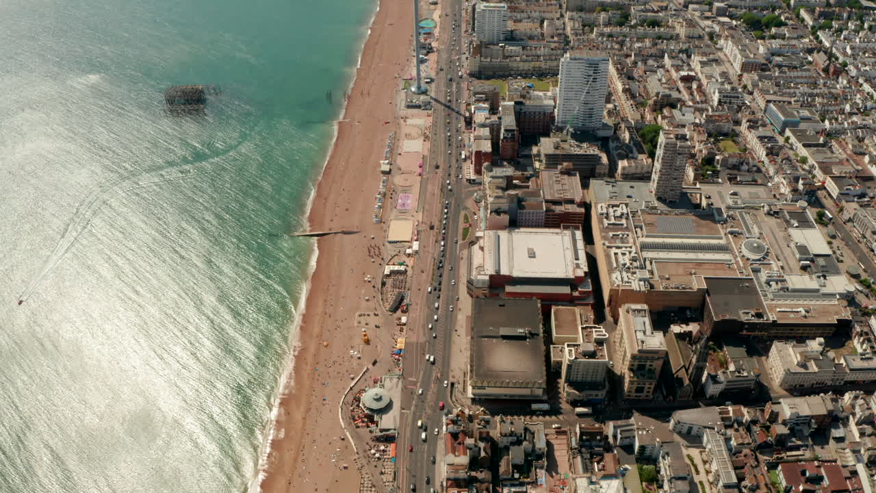 High aerial shot over King's road Brighton Promenade and Beach