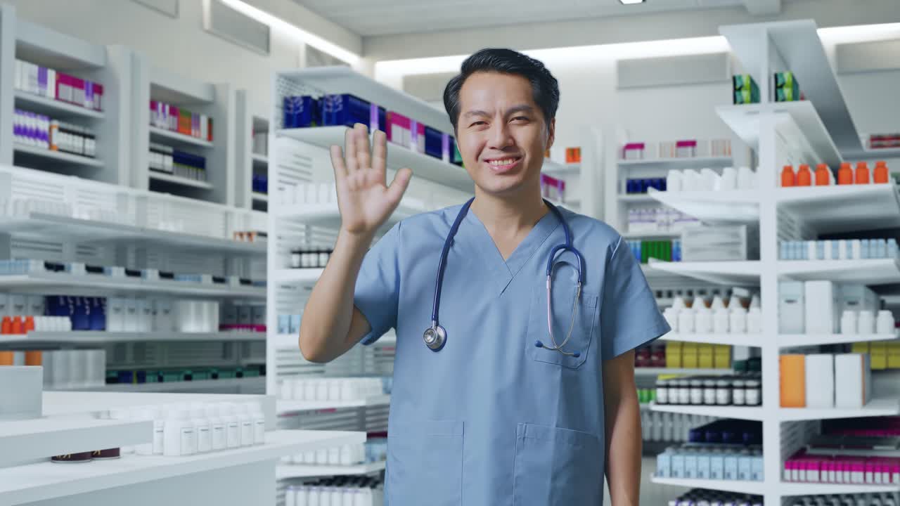 스테토스코프를 들고 있는 아시아인 남성 의사가 약국에서 카메라에 손을 흔들고 미소 짓고 있습니다.