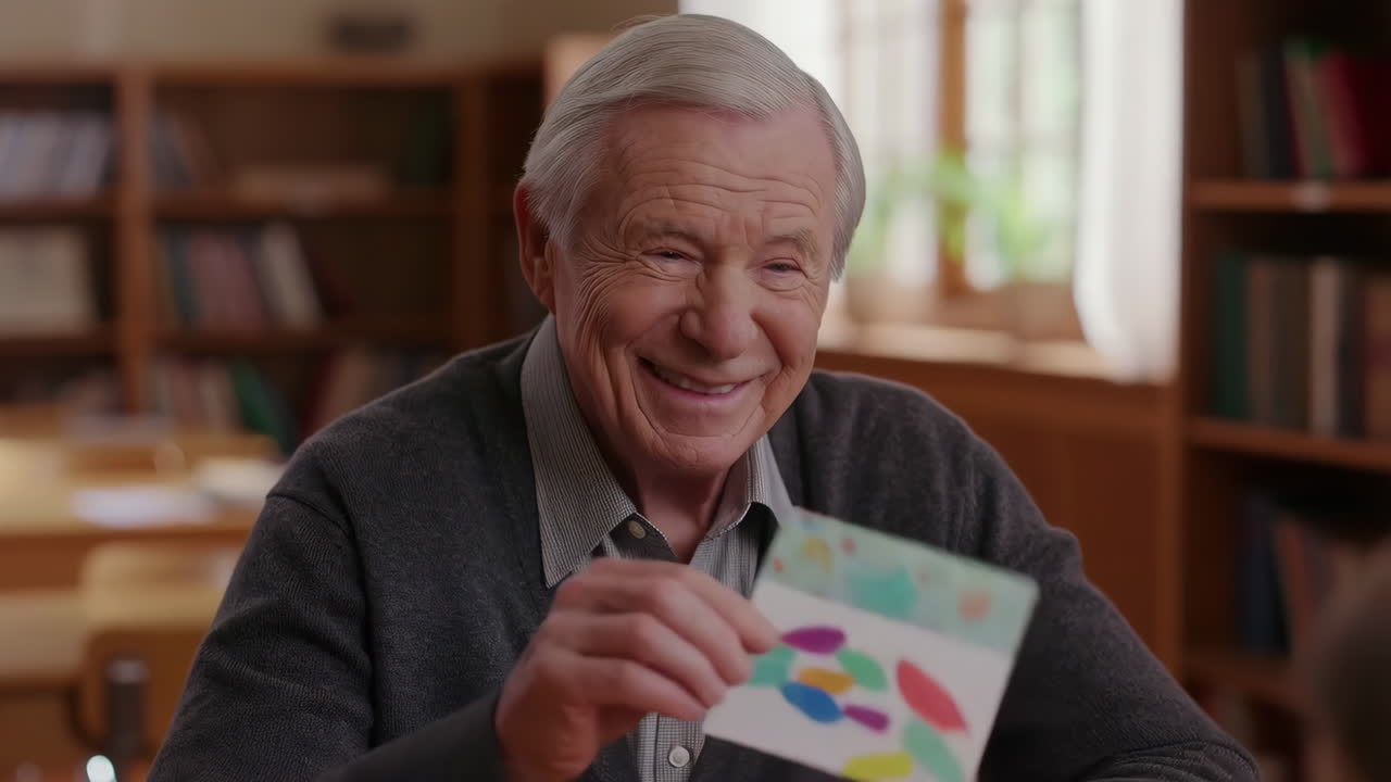 Happy elderly man receiving a handmade card