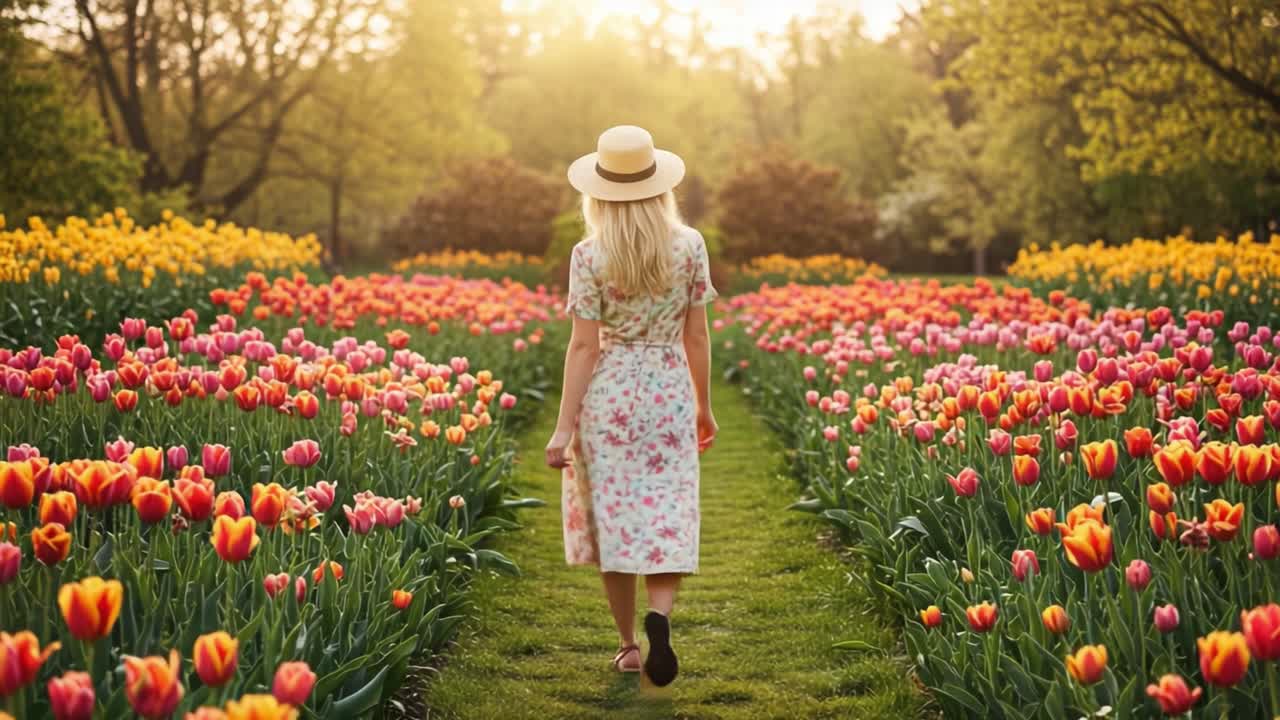 A Serene Stroll Through a Vibrant Tulip Garden at Sunset, Capturing the Essence of Nature's Beauty and Tranquility in Every Step Taken