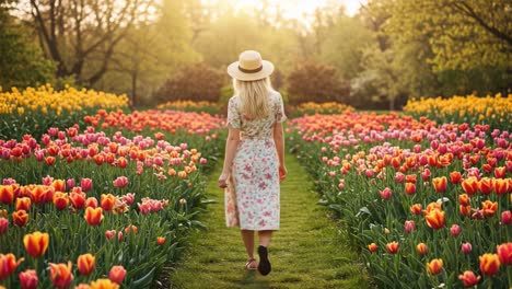 a serene stroll through a vibrant tulip garden at sunset, capturing the essence of nature's beauty and tranquility in every step taken