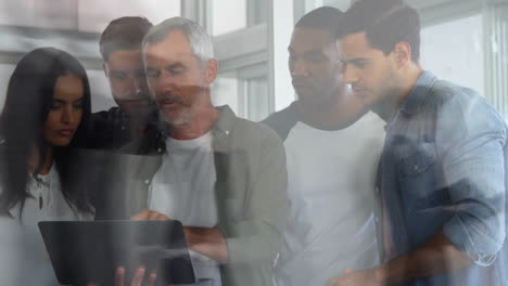 animation of busy people walking over diverse business people in office