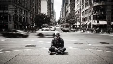 a man sits calmly in meditation on a busy sidewalk in new york city. cars and pedestrians rush by, highlighting the contrast between tranquility and urban chaos.