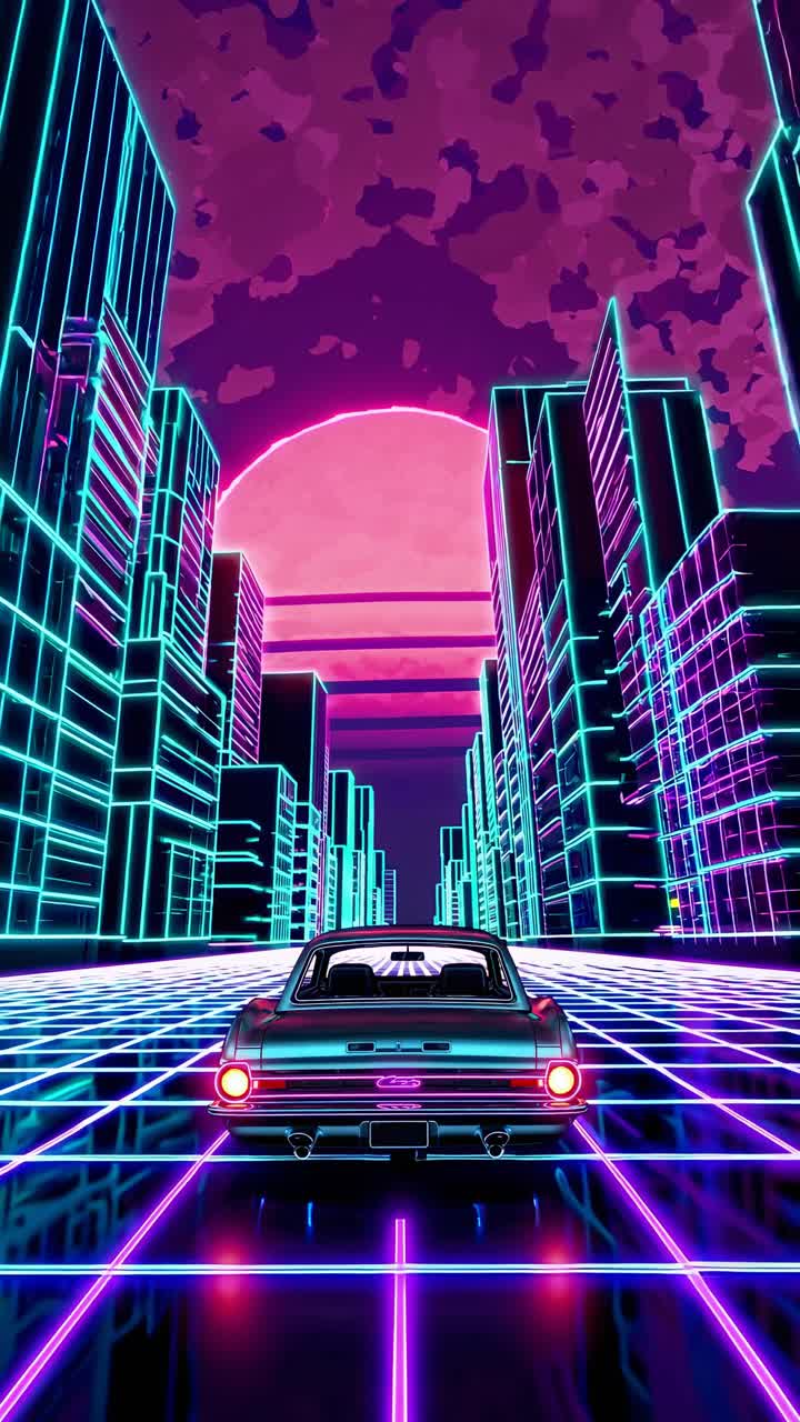Retro-futuristic video style with a low-angle view of a neon-lit cityscape and classic car
