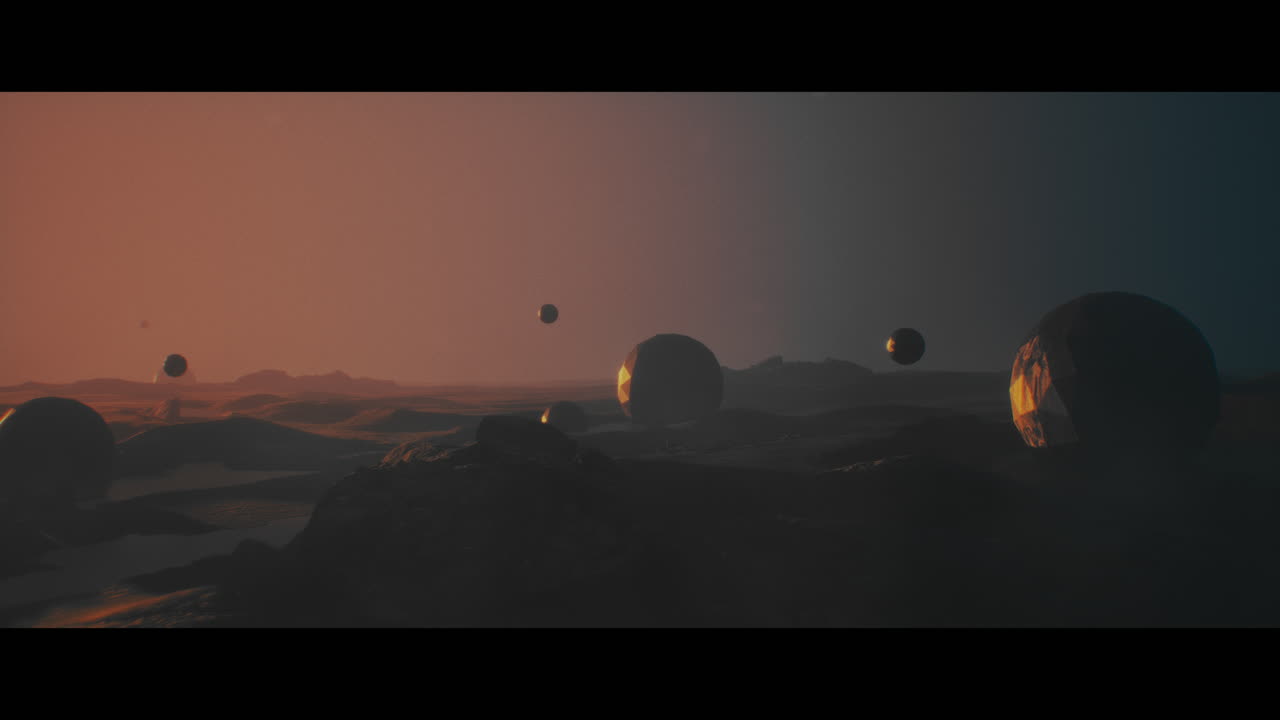 Alien planet desert landscape during sunset with strange sphere-shaped buildings