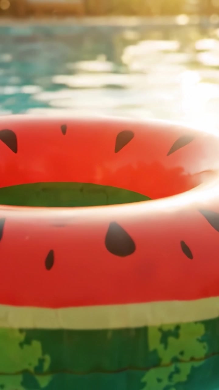 A Vibrant Watermelon-Inspired Float Ring Glimmers in a Pool's Clear, Sparkling Waters, Capturing the Essence of Summer Relaxation and Fun.