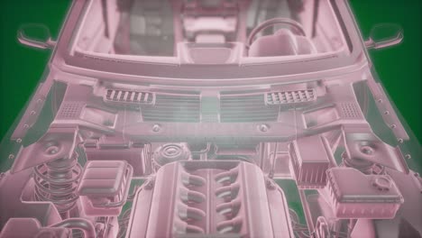 holographic animation of 3d wireframe car model with engine