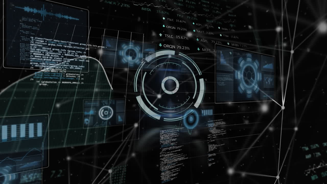 Animation of network of connections and icons over moving columns on black background