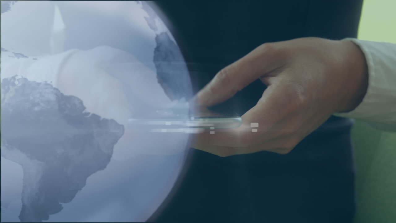 Animation of grey globe over businesswoman using smartphone