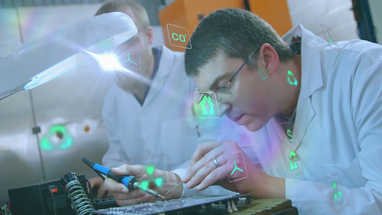 animación de iconos de la ecología sobre científicos varones caucásicos reparando