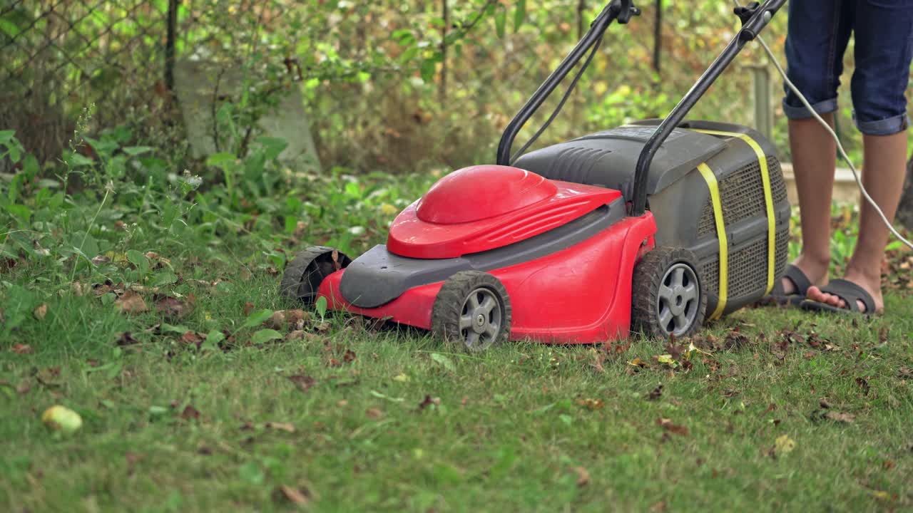 Powerful red lawn mower. Mowing lawn with lawn mower