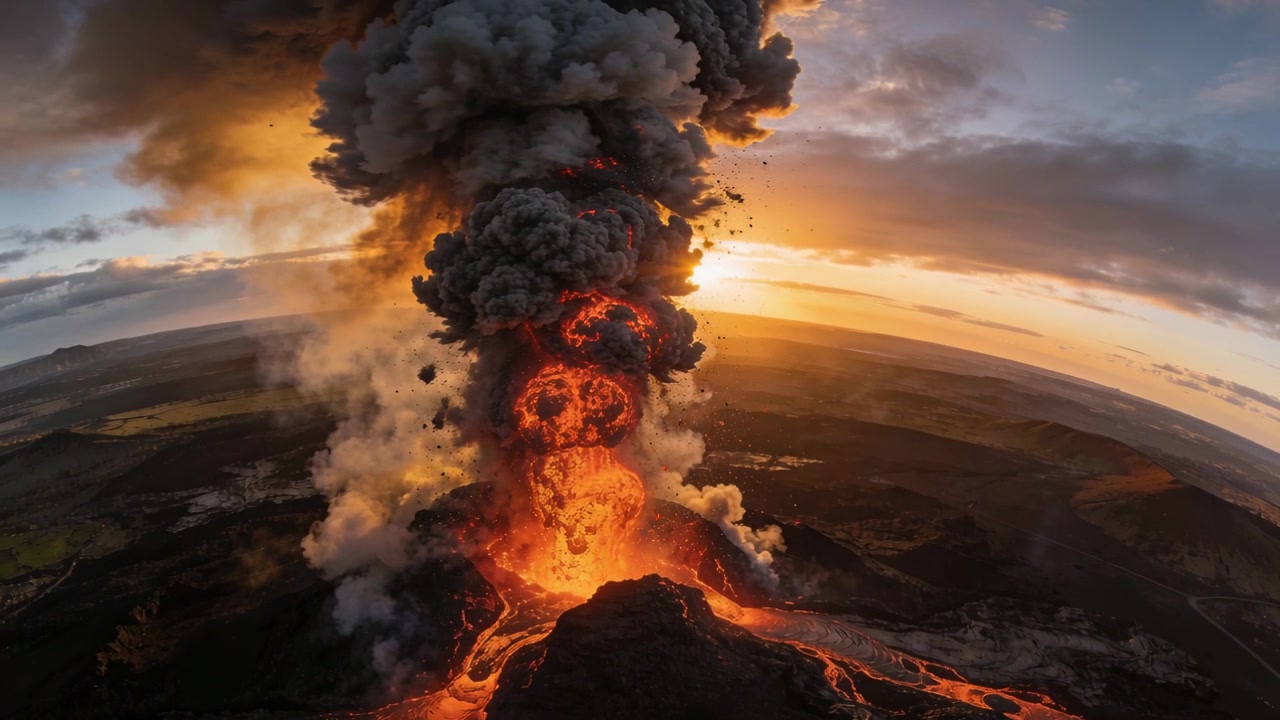Cratere centrale in eruzione che emette un getto di lava incandescente su una pianura vulcanica, con magma in risalita che alimenta la cenere.