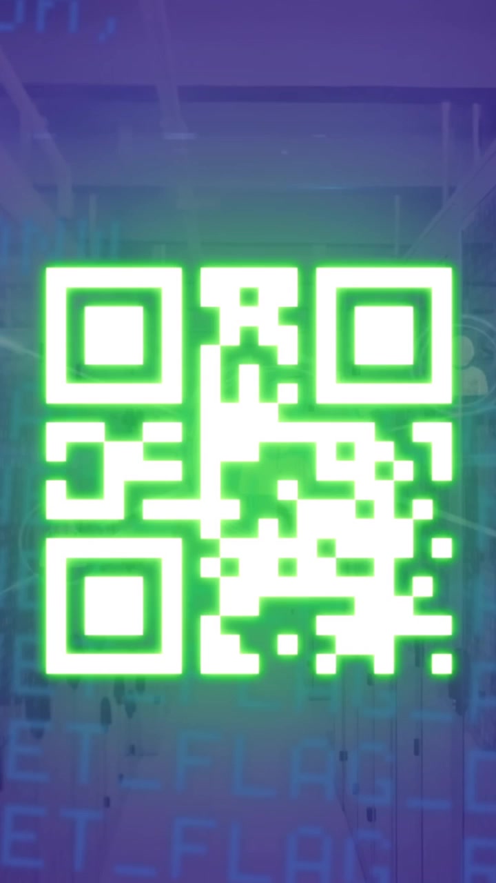 Animation of qr code with network of connections and data processing over server room