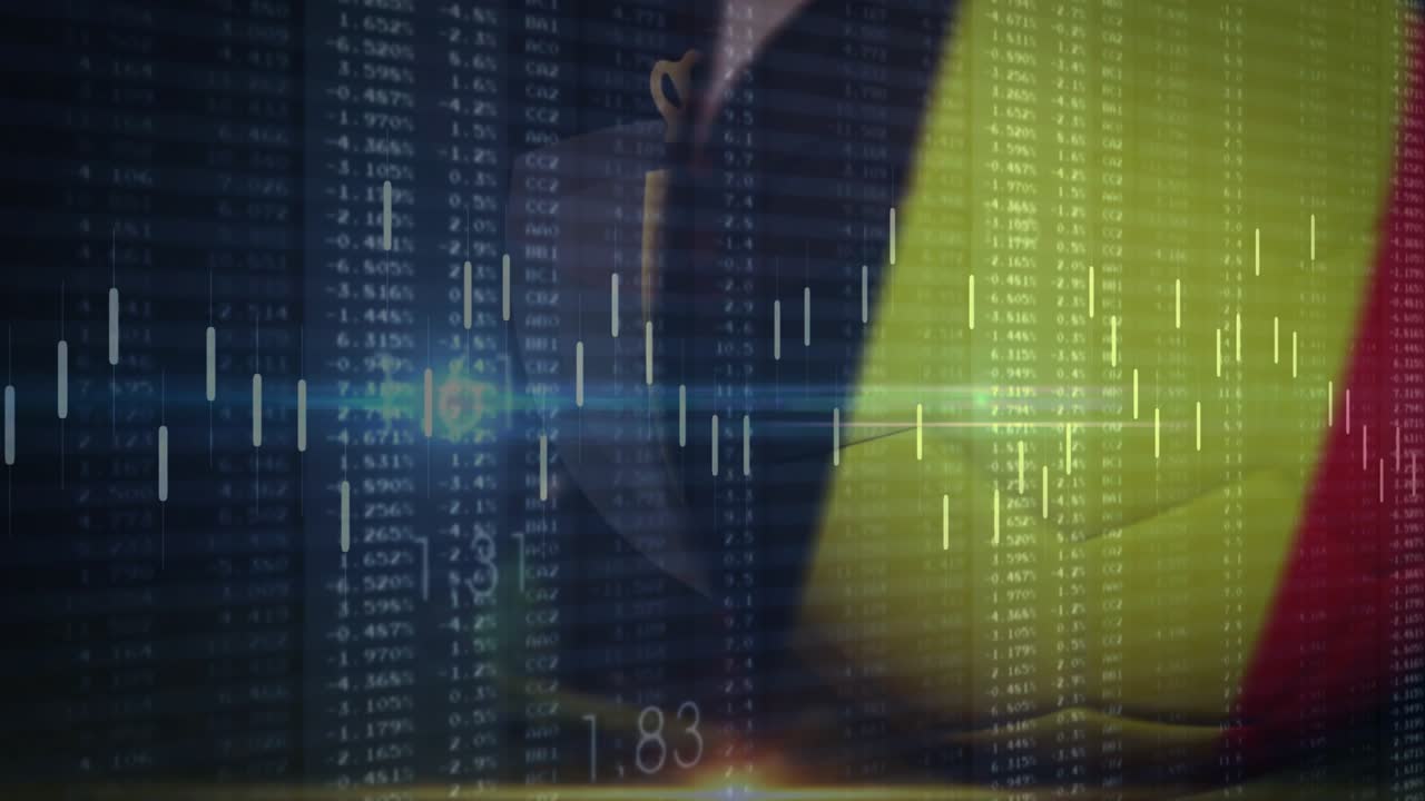 Data overlay moving, yellow-red ball morphing into shield, crown rising, BELGIUM fading up branding