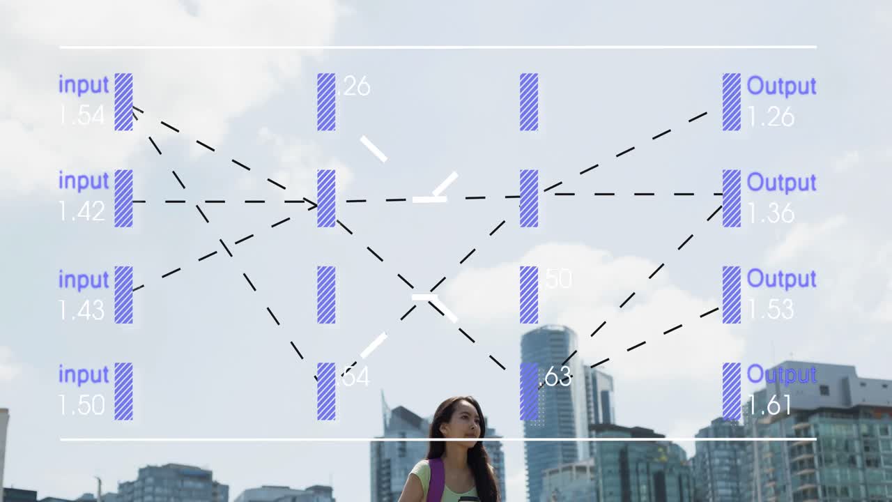 animación de procesamiento de datos contra mujer asiática de pie en la calle