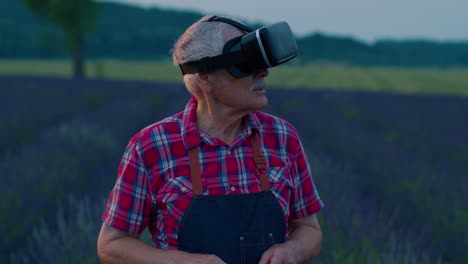 Progressive-modern-grandfather-man-farmer-in-field-lavender-flowers-uses-virtual-reality-technology