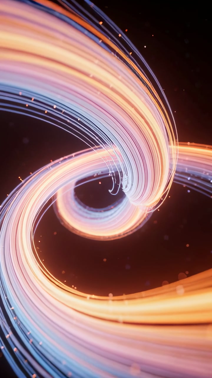 Vertical video: Emerging luminous ribbon uncoiling and sweeping forming ring on plane with specks