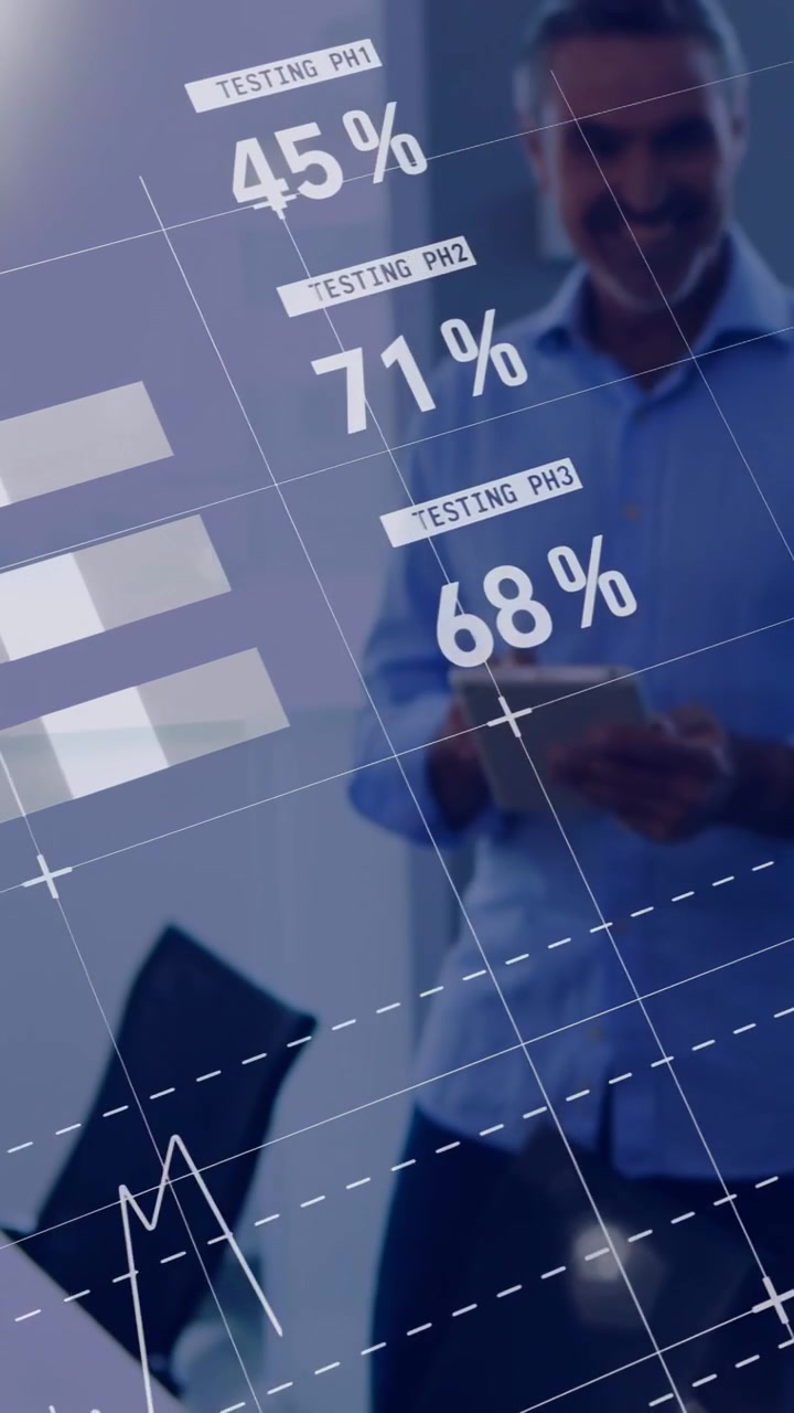 Video verticale: Colleghi che esaminano un tablet in riunione, tablet che aggiorna grafici aziendali e mappa.