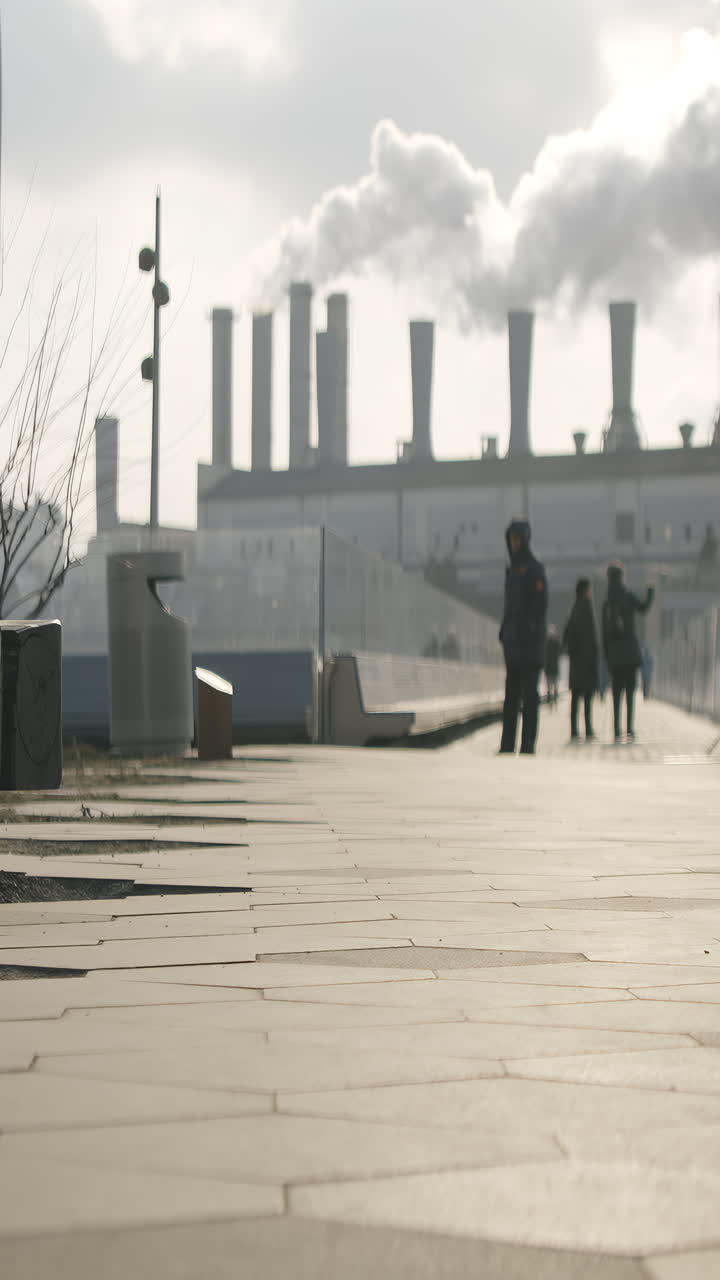 Urban scene with people walking near a power plant emitting smoke