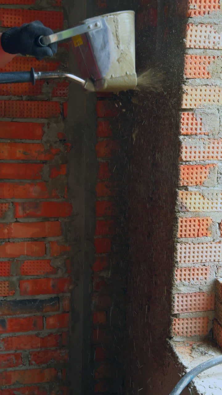 Close up of a hopper gun spraying liquid cement mixture onto a red brick wall during interior finishing works. Automatic plaster sprayer applying mortar on brick surface. Vertical video