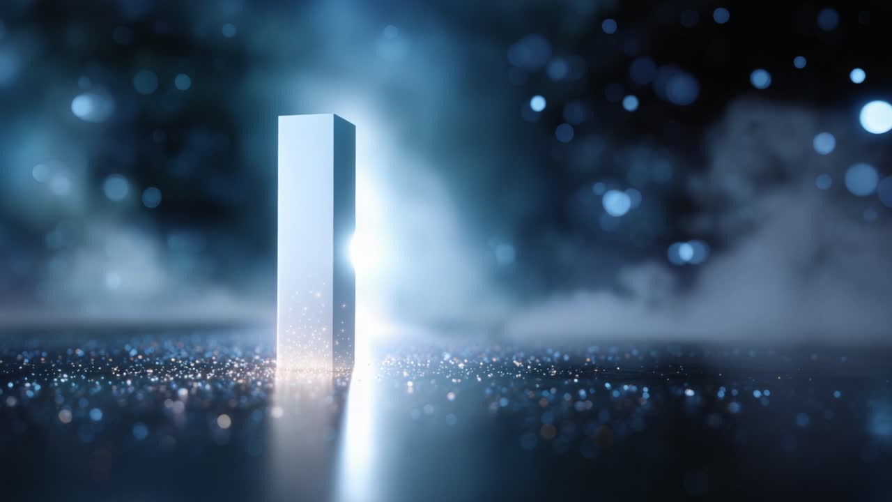 A captivating abstract scene featuring a glowing monolith surrounded by a mysterious atmosphere of swirling mist, shimmering lights, and a reflective surface, evoking curiosity