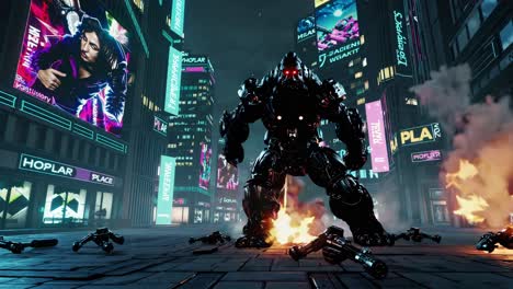 robot cyberpunk en una ciudad futurista