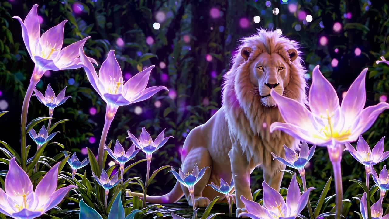 A majestic lion sits amid glowing flowers in a mystical forest