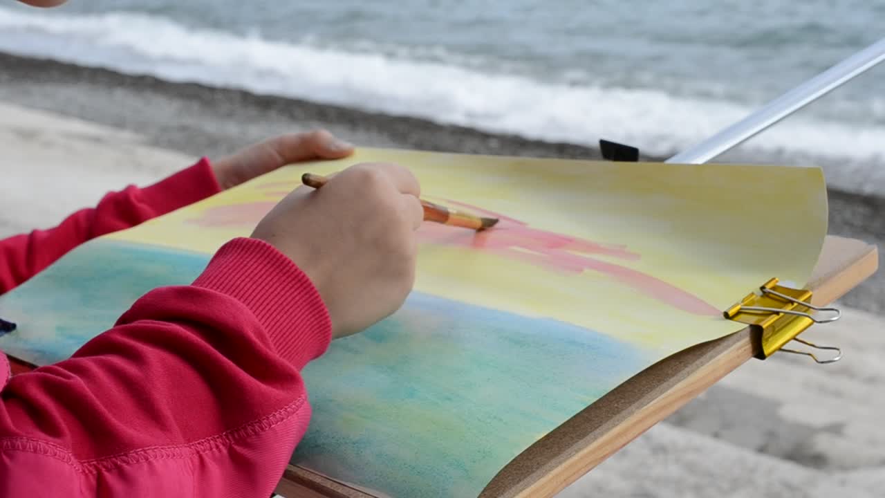 水彩画、海を描く