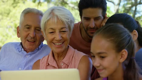 multi-generation family using laptop in park 4k