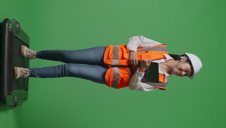 full body of asian female engineer with safety helmet holding a tablet while walking in the green screen background studio