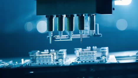 close-up of a robotic arm assembling a circuit board in a factory